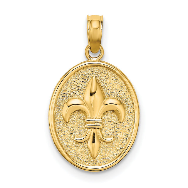 14k Yellow Gold Oval Pendant with Raised Fleur-de-Lis Symbol, French Heritage Design