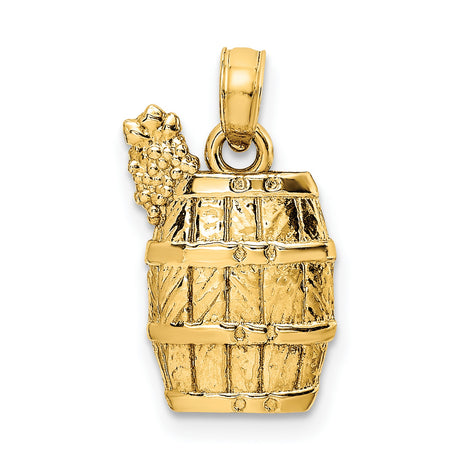 14k Yellow Gold Wine Barrel Pendant with Grape Cluster, Vineyard Charm Jewelry