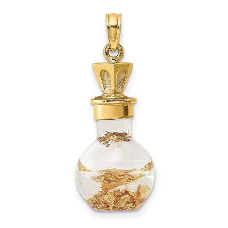 14k Yellow Gold Perfume Bottle Pendant with Clear Glass and Gold Flakes, Crown Detail, Vintage Style