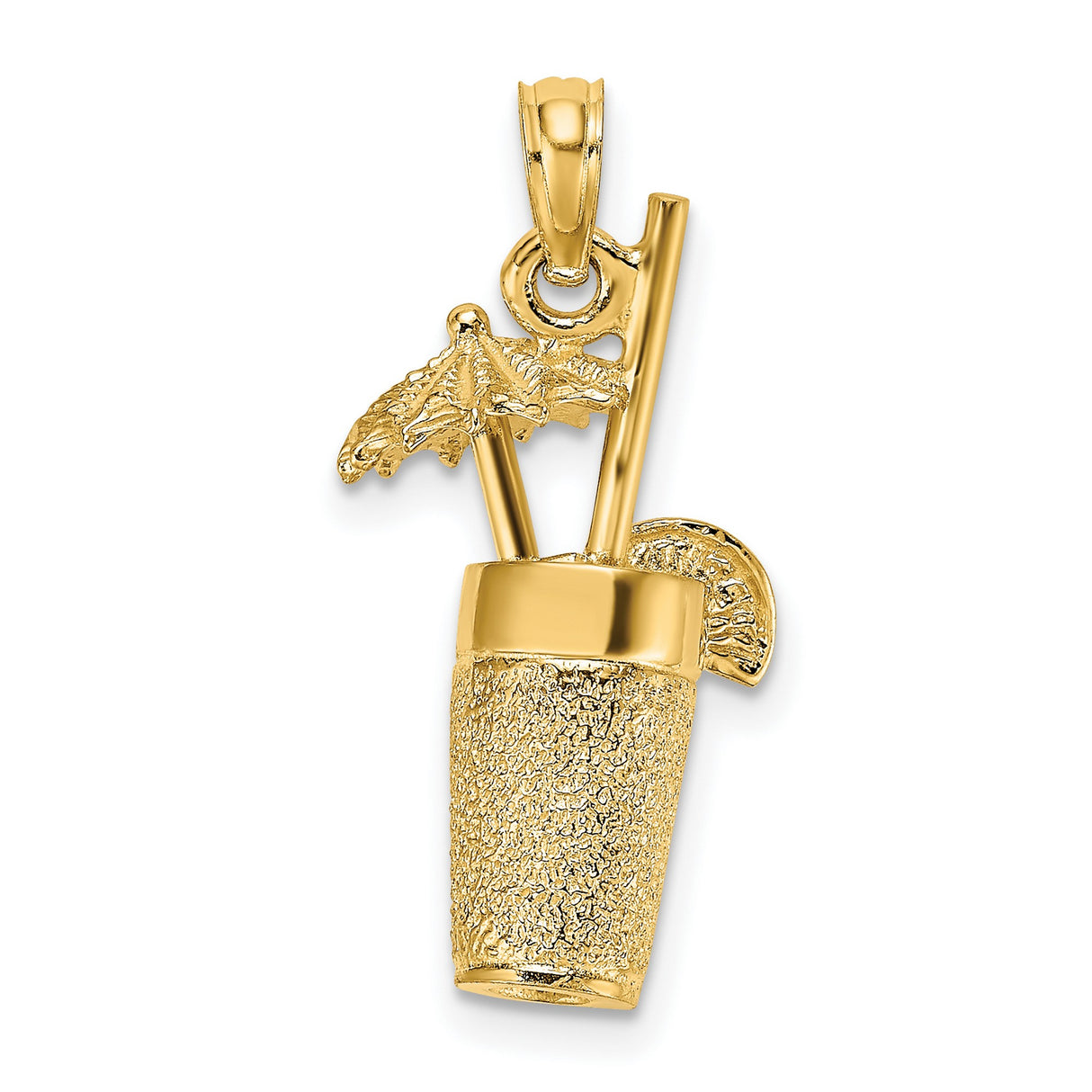 14k Yellow Gold Tropical Cocktail Pendant with Umbrella, Straw and Lime Slice