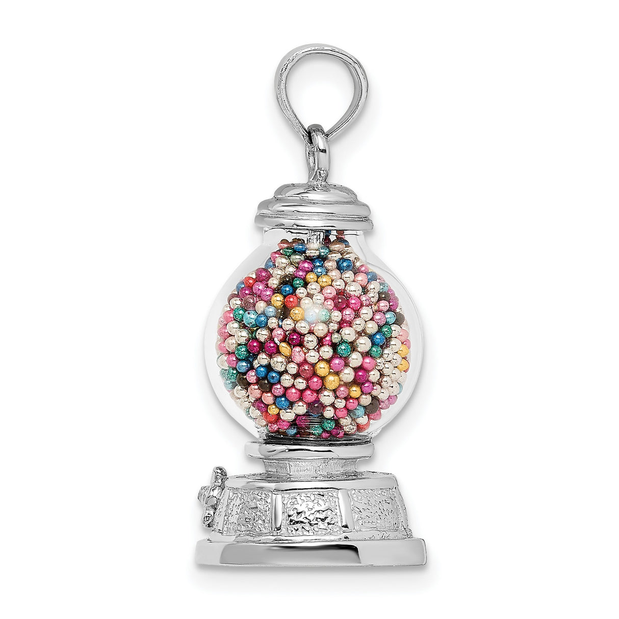 14k White Gold Gumball Machine Pendant with Colorful Beads, Whimsical Retro Candy Charm