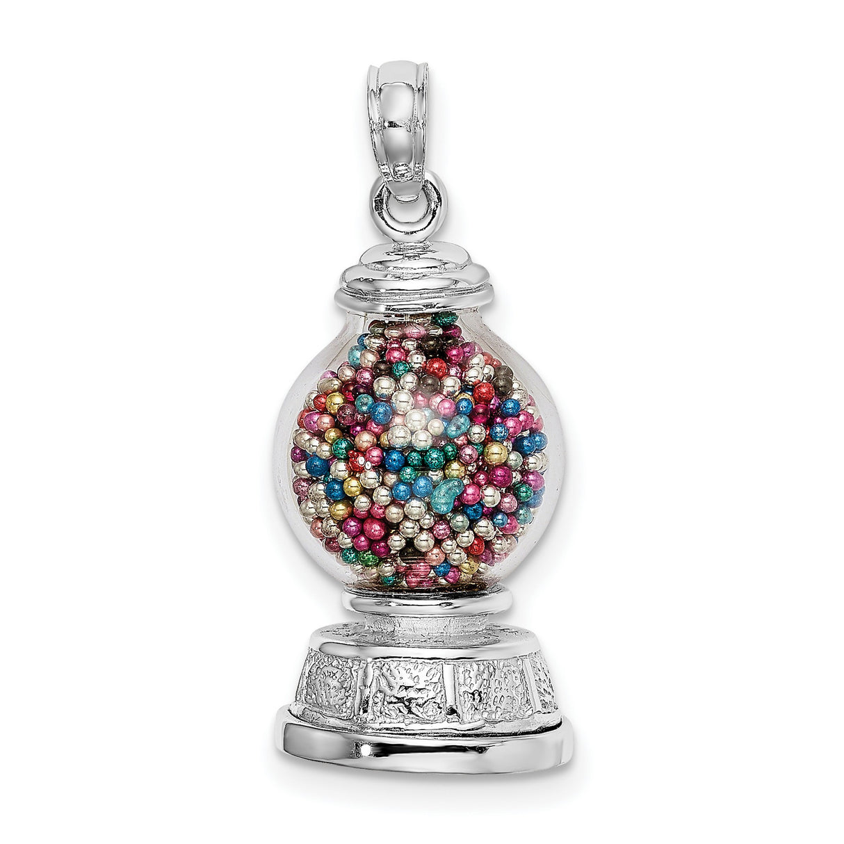 14k White Gold Gumball Machine Pendant with Colorful Beads, Whimsical Retro Candy Charm