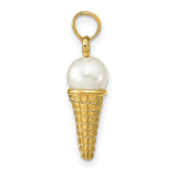 14k Yellow Gold Ice Cream Cone Pendant with Pearl Scoop, Whimsical Dessert Charm for Women or Teens