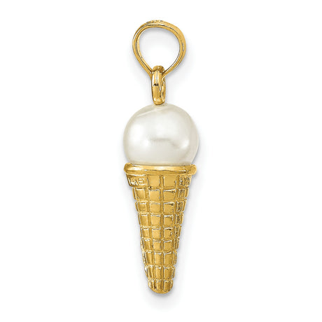 14k Yellow Gold Ice Cream Cone Pendant with Pearl Scoop, Whimsical Dessert Charm for Women or Teens