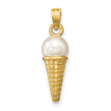 14k Yellow Gold Ice Cream Cone Pendant with Pearl Scoop, Whimsical Dessert Charm for Women or Teens