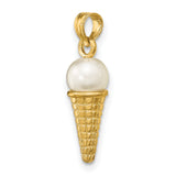 14k Yellow Gold Ice Cream Cone Pendant with Pearl Scoop, Whimsical Dessert Charm for Women or Teens
