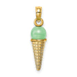 14k Yellow Gold Ice Cream Cone Pendant with Green Enamel, Fun Dessert Charm