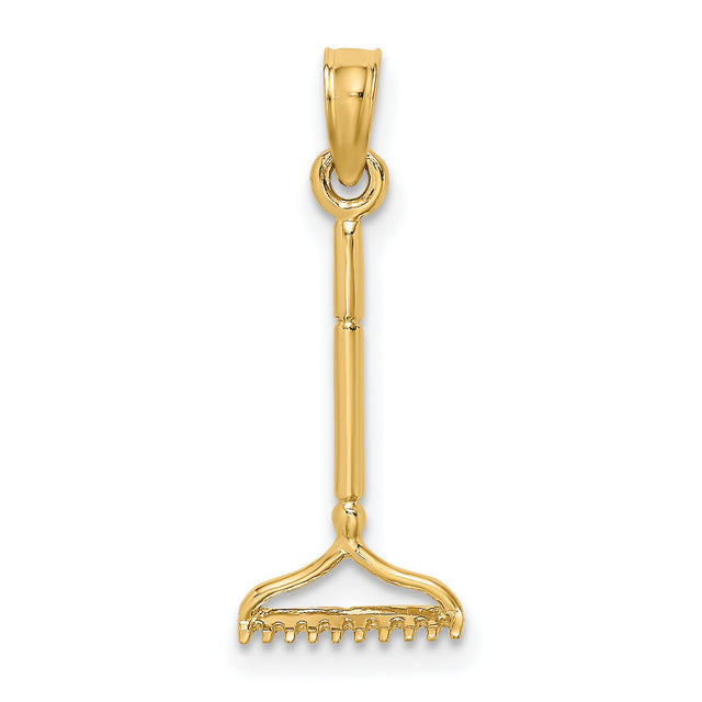 14k Yellow Gold Rake Pendant, Miniature Garden Tool Charm, Nature Jewelry for Women and Men