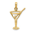 14k Yellow Gold Martini Glass Pendant with Olive and Stick Design, Cocktail Charm