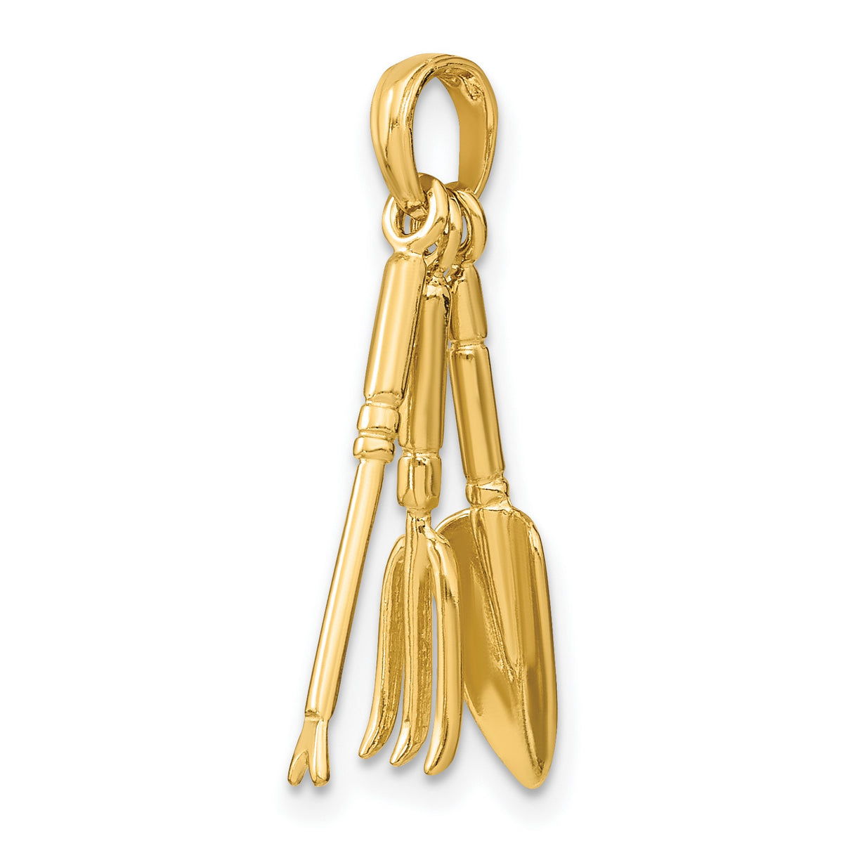 14k Yellow Gold Garden Tools Pendant with Movable Spade, Fork, and Rake Charm