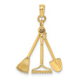 14k Yellow Gold Pendant with Shovel, Rake, and Broom Charms, Gardening Theme