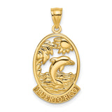 14k Yellow Gold Puerto Rico Pendant with Dolphin, Palm Tree, and Sun, Tropical Island Charm