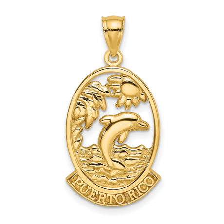 14k Yellow Gold Puerto Rico Pendant with Dolphin, Palm Tree, and Sun, Tropical Island Charm
