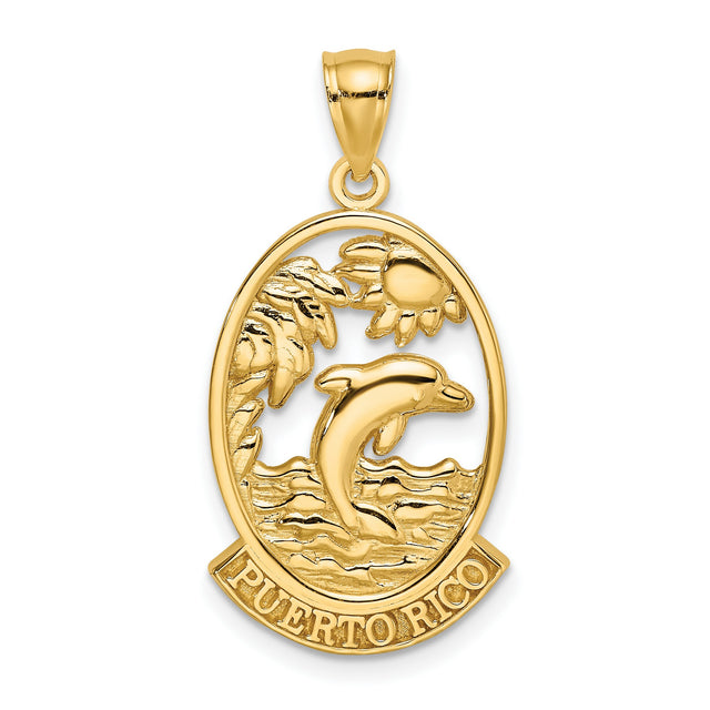 14k Yellow Gold Puerto Rico Pendant with Dolphin, Palm Tree, and Sun, Tropical Island Charm