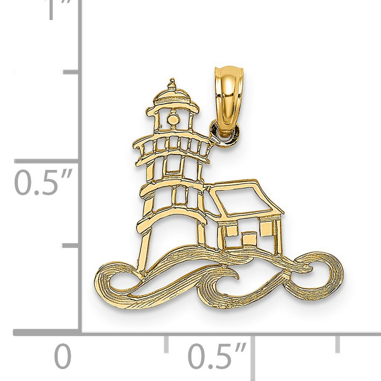 Open Lighthouse And Water Charm Pendant in Real 14k Yellow Gold