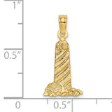 14k Yellow Gold Lighthouse Pendant with Textured Wave Design, Nautical Coastal Style