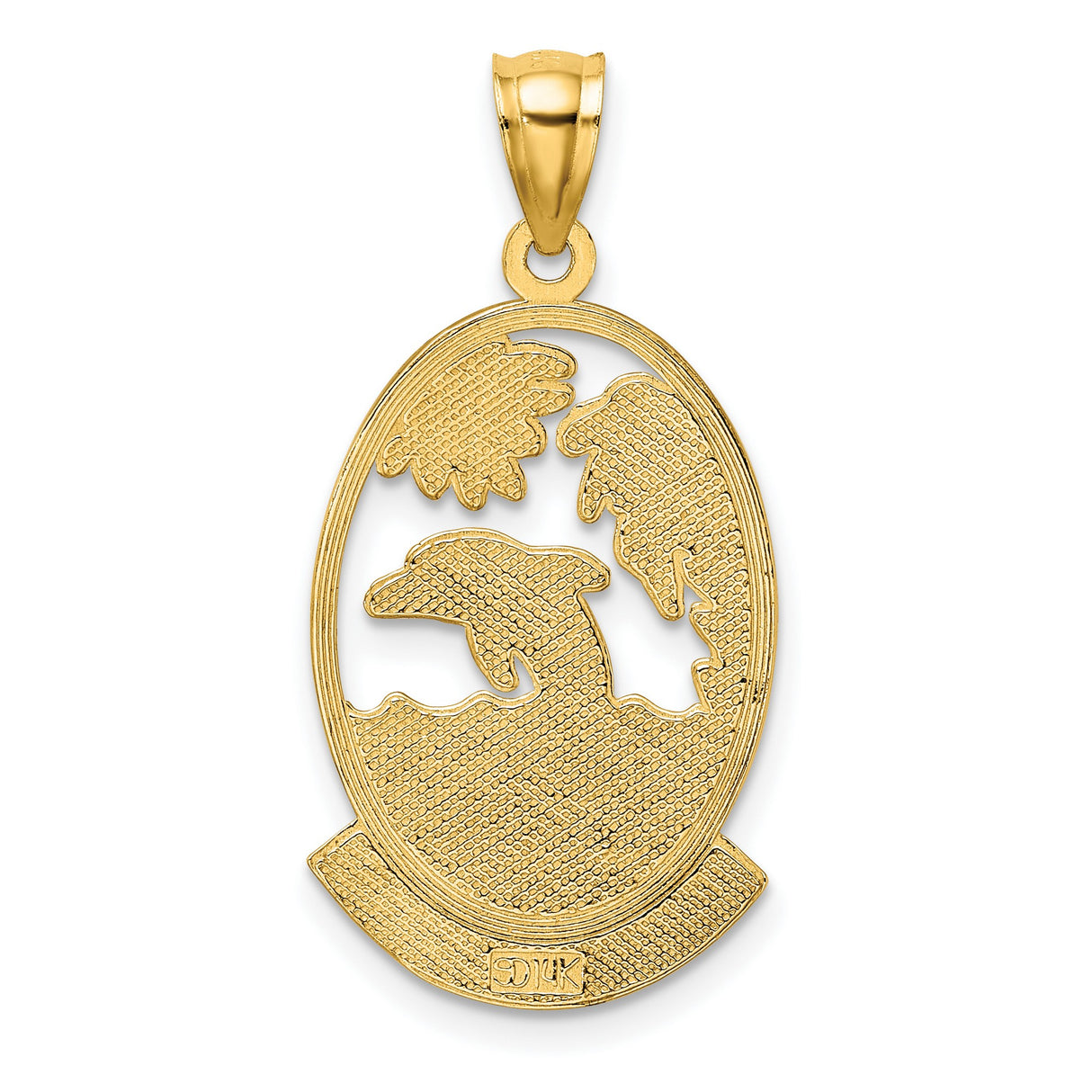 14k Yellow Gold Pendant with Jumping Dolphin, Palm Tree and Sun, Tropical Beach Scene Charm
