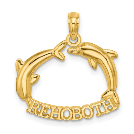 14k Yellow Gold Dolphin Circle Pendant, Nautical Charm with Two Dolphins, Unisex Coastal Jewelry