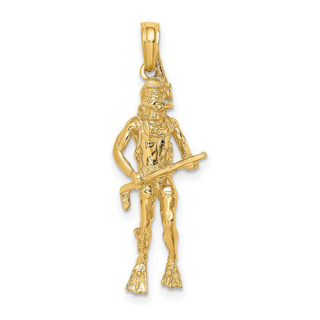 14k Yellow Gold Scuba Diver Pendant with Speargun, Nautical Theme Charm for Men or Unisex