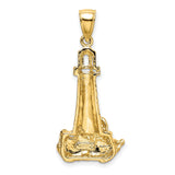 14k Yellow Gold Lighthouse Pendant with Rocky Waves, Nautical Maritime Design