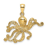 14k Yellow Gold Octopus Pendant with Textured Nautical Design, Unisex Sea Creature Jewelry