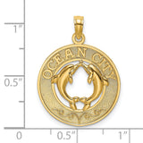 14k Yellow Gold Dolphin Heart Pendant with Ocean City Text, Nautical Marine Life Charm