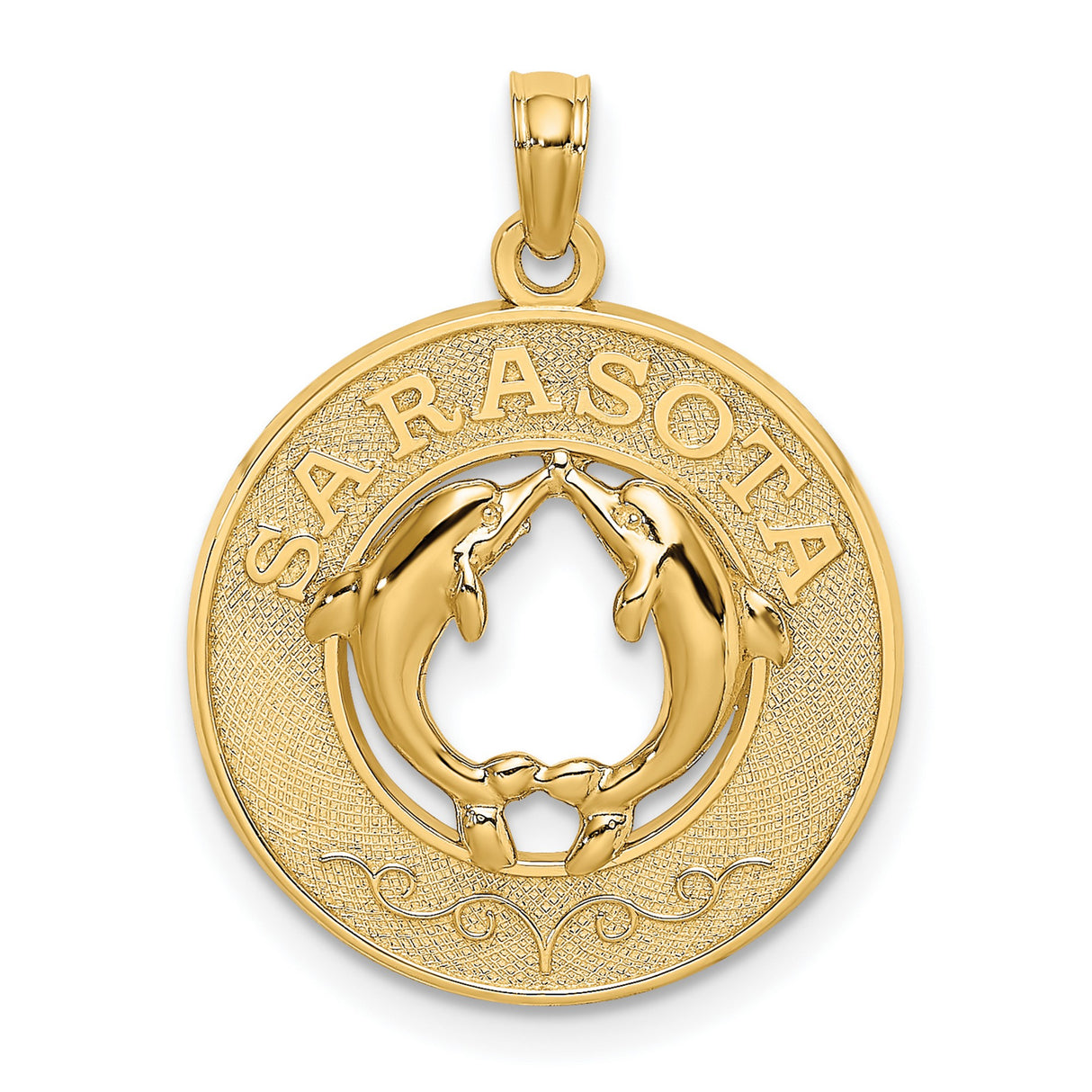 14k Yellow Gold Dolphin Pendant with Two Dolphins Touching Fins, Nautical Ocean Theme Charm