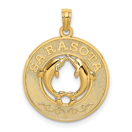 14k Yellow Gold Dolphin Pendant with Two Dolphins Touching Fins, Nautical Ocean Theme Charm