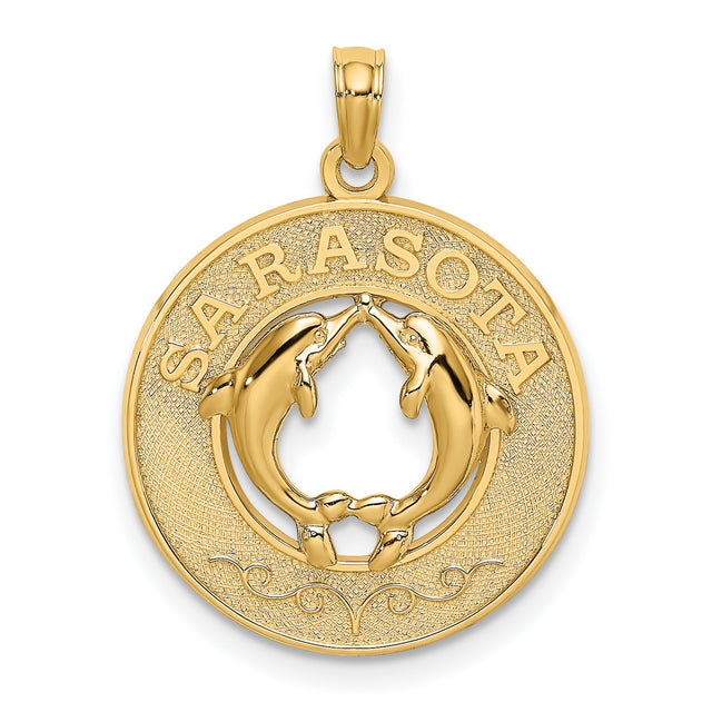 14k Yellow Gold Dolphin Pendant with Two Dolphins Touching Fins, Nautical Ocean Theme Charm