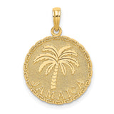 14k Yellow Gold Jamaica Palm Tree Pendant with Textured Background, Island Travel Charm