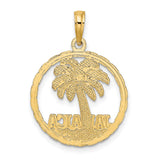 14k Yellow Gold Palm Tree Pendant with Textured Circle Border, Jamaica Travel Charm