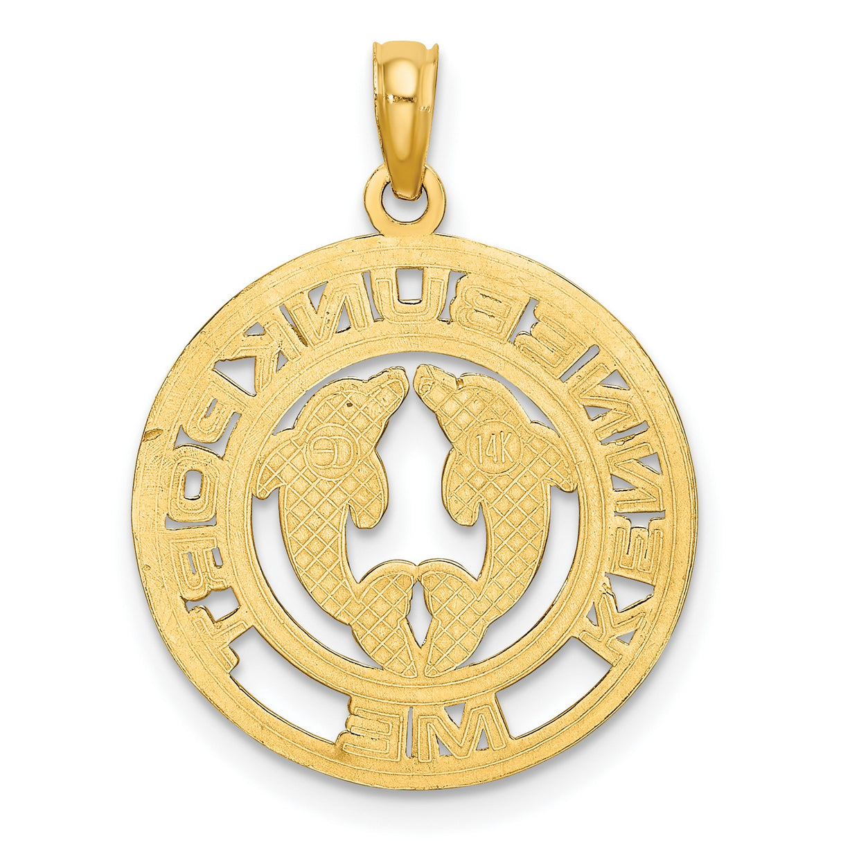 14k Yellow Gold Pendant with Facing Dolphins in Circular Frame, Nautical Ocean Theme