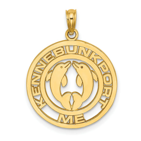 14k Yellow Gold Pendant with Facing Dolphins in Circular Frame, Nautical Ocean Theme