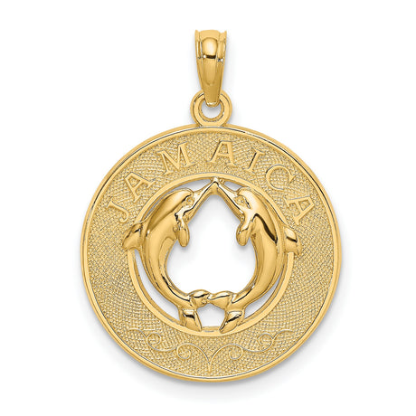 14k Yellow Gold Jamaica Pendant with Dolphins in Circle Design, Nautical Island Theme