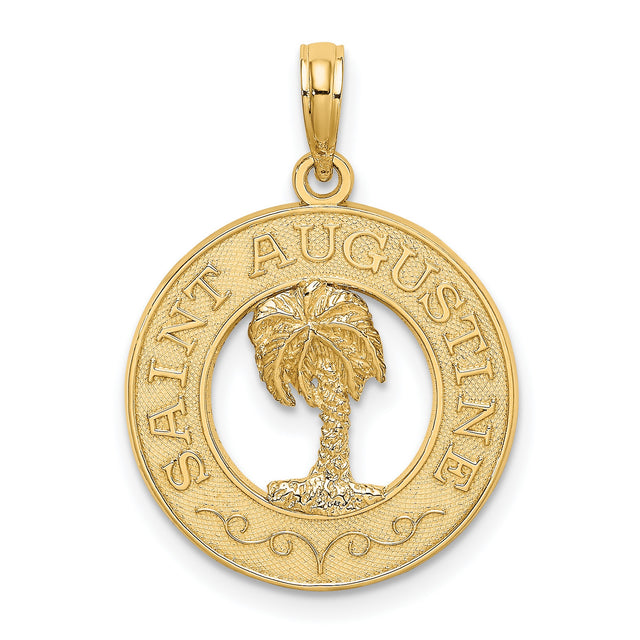 14k Yellow Gold Saint Augustine Pendant with Palm Tree Design, Round Religious Charm