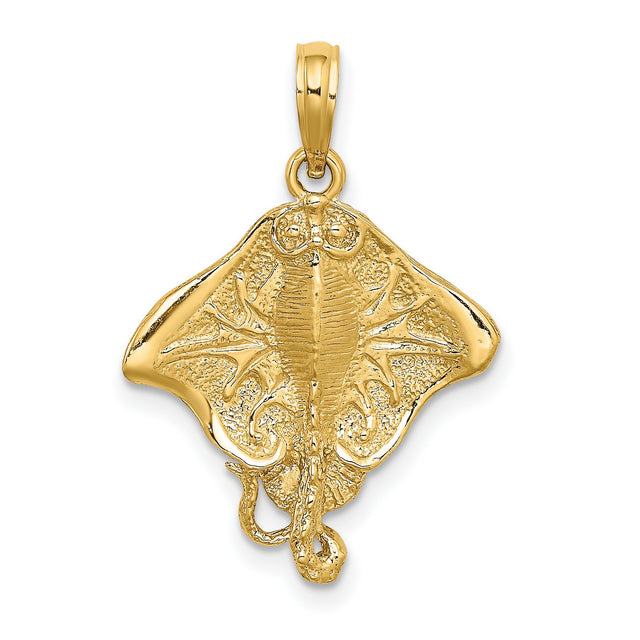 14k Yellow Gold Stingray Pendant, Textured Ocean Animal Charm, Nautical Sea Life Jewelry