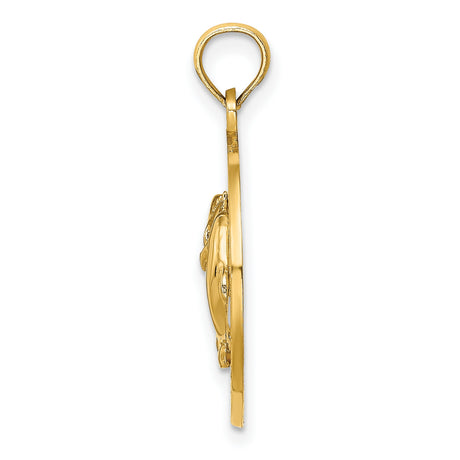 14k Yellow Gold Pendant with Two Dolphins Forming Heart Shape, Cancun Engraving
