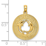 14k Yellow Gold Pendant with Two Dolphins Forming Heart Shape, Cancun Engraving