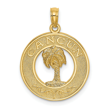 14k Yellow Gold Palm Tree Pendant, Tropical Cancun Vacation Charm, Round Beach Souvenir Jewelry