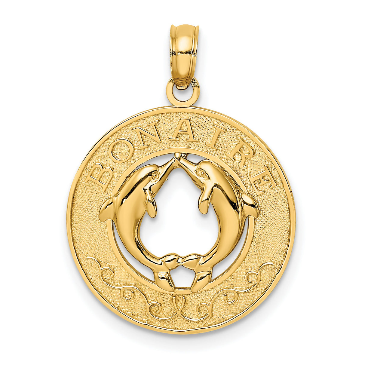 14k Yellow Gold Dolphin Heart Pendant with Bonaire Engraving, Ocean Theme Charm