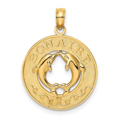 14k Yellow Gold Dolphin Heart Pendant with Bonaire Engraving, Ocean Theme Charm