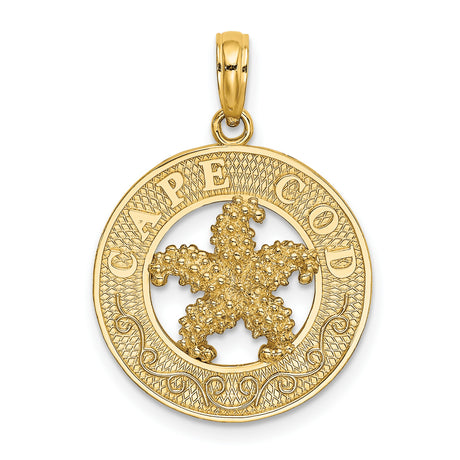 14k Yellow Gold Cape Cod Pendant with Textured Starfish, Nautical Beach Theme Charm