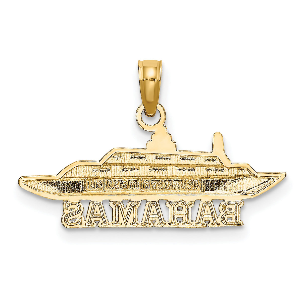 14k Yellow Gold Cruise Ship Pendant with Bahamas Word, Nautical Travel Charm