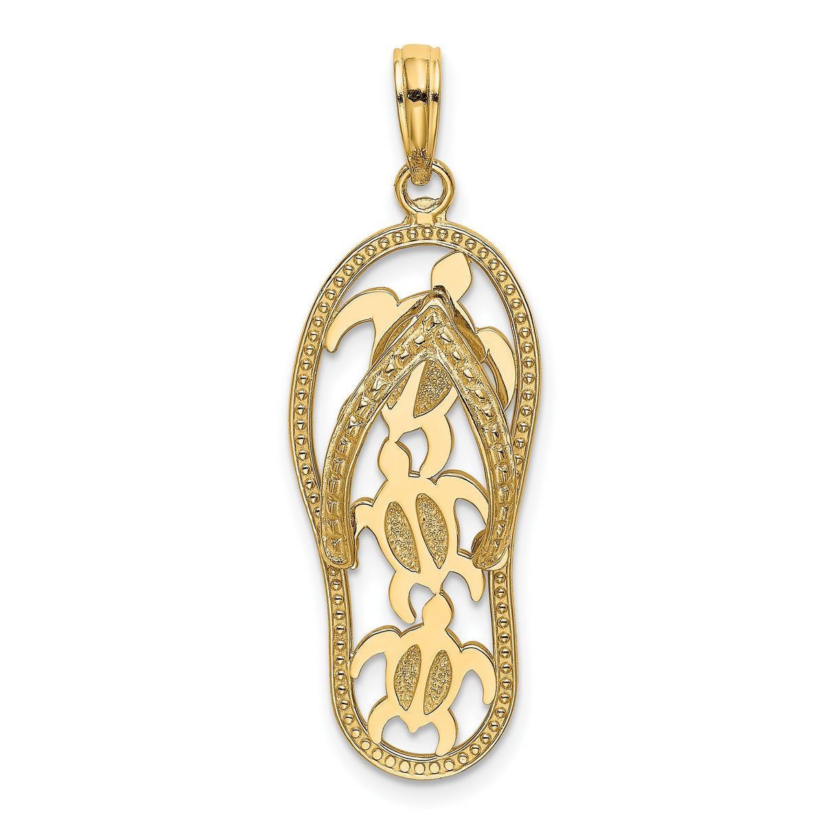14k Yellow Gold Sandal Pendant with Cutout Sea Turtles, Tropical Beach Theme Jewelry