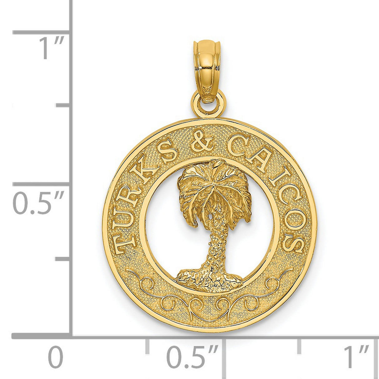 14k Yellow Gold Pendant with Palm Tree and Turks Caicos Engraving, Tropical Round Charm