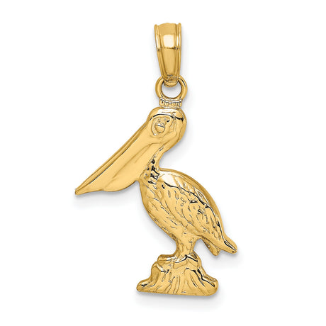14k Yellow Gold Pelican Pendant, Detailed Bird on Rock Design, Nautical Coastal Charm