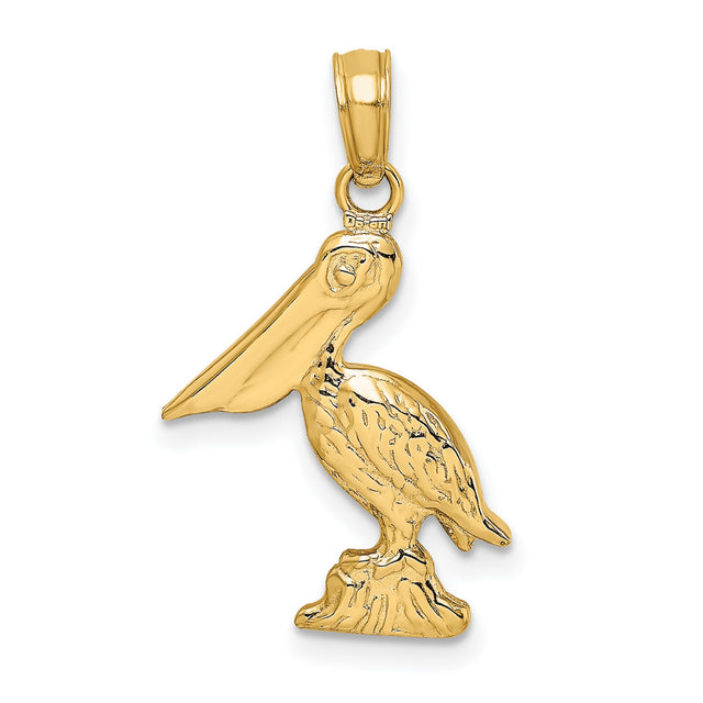 14k Yellow Gold Pelican Pendant, Detailed Bird on Rock Design, Nautical Coastal Charm