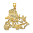 14k Yellow Gold Pendant with Sea Turtle, Starfish, Shells and Coral Reef Ocean Theme