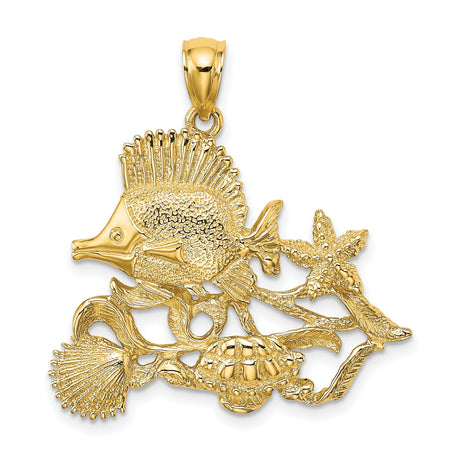 14k Yellow Gold Pendant with Sea Turtle, Starfish, Shells and Coral Reef Ocean Theme