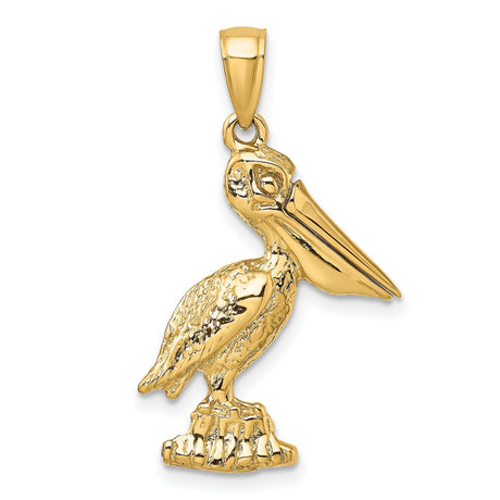 14k Yellow Gold Pelican Pendant with Detailed Bird on Rock, Nautical Coastal Charm